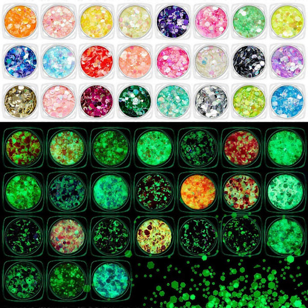 Negle Glitter Pailletter Holografisk 3D Selvlysende Konfetti Negleartikler Egnet til Piger Neglekunst Færdigheder DIY Håndværk Makeup
