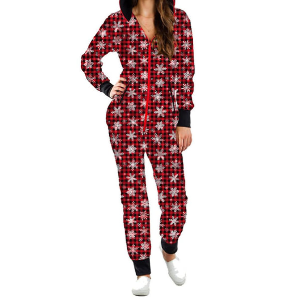 Juletryk Dame One Piece Pyjamas Hætte julekomfortabel pyjamas med lommer Snowflake Plaid 2XL