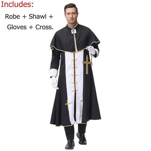 Halloween Mekot Karnevaali Halloween Mies Keskiaikainen Pappi Paavi Puku Kirkko Uskonnollinen Pappi Viitta Cosplay Hieno juhlamekko Korkealaatuinen XL-Priest