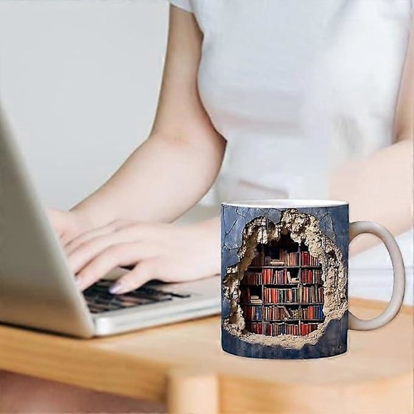 3D Bogreol Krus, 3D Effekt Bøger Krus, Kreativt Rumdesign Multifunktionelle Krus, Kaffekrus Bibliotek Bogreol Krus