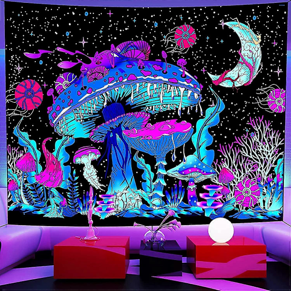 Mushroom Tapestry, 150130CM Black Light Tapestry, Veggteppe Psykedelisk Tapestry, UV Tapestry