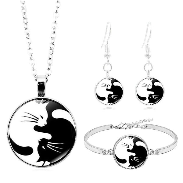 Sort Hvid Yin Yang Cat Glas Vedhæng Halskæde Armbånd Armbånd Ørering Smykkesæt Helt 4 stk. Til Kvinder Mode Sweater Chain