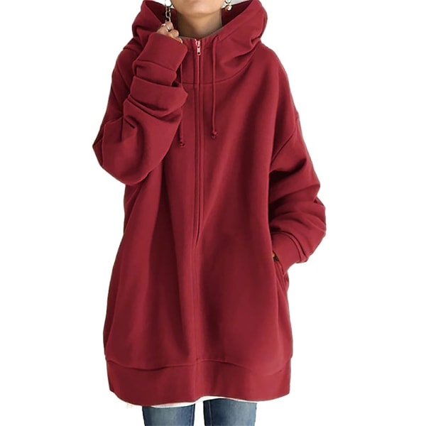 Kvinder hætte fuld lynlås frakke Casual udendørs efterår langærmet jakke med lomme Red L