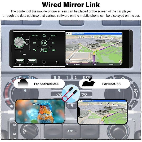 Bilradio Single Din Bil Stereo Receiver, 4.1 Tommer Touchskærm Bluetooth MP5 Afspiller, Mirror Link+Ba