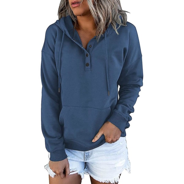 Kvinnor Hooded Sweatshirt Långärmad Hoodies Toppar Casual Lös Pullover med ficka Blue M