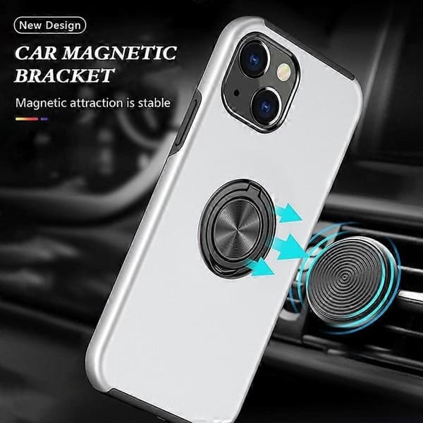 Til iPhone 14 6,1 tommer Hård PC+Blød TPU Dobbeltlags Beskyttelsescover Ring Bilholder Støtteben Beskyttelse Multicolor Silver