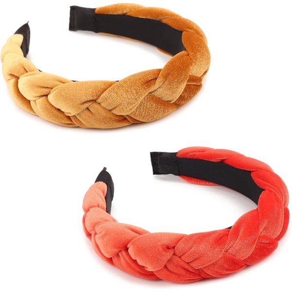 Flettede fløyelshodebånd for kvinner - Elastiske kryssbånd hårtilbehør 2 pcs Braided Hair Hoop: Gold/Orange 2