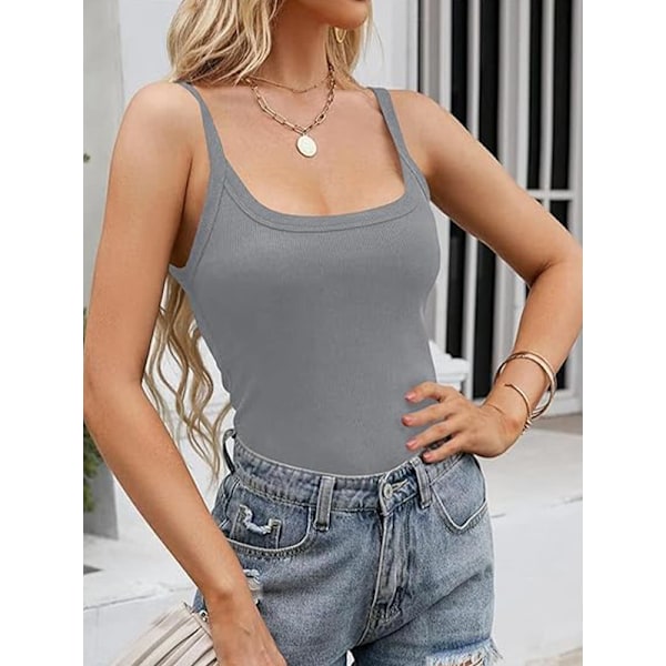Dam Scoop Neck Ribbade Tanktoppar Träning Ärmlös Cami Skjorta Grå Grey XS
