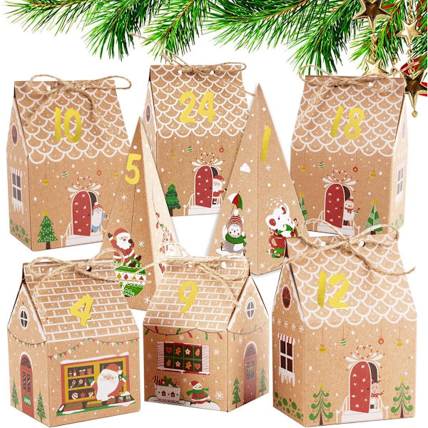 24 Stycken Adventskalender Presentaskar - Julgodisaskar Presentförpackning - Triangulära Adventskalender Presentaskar - Jul
