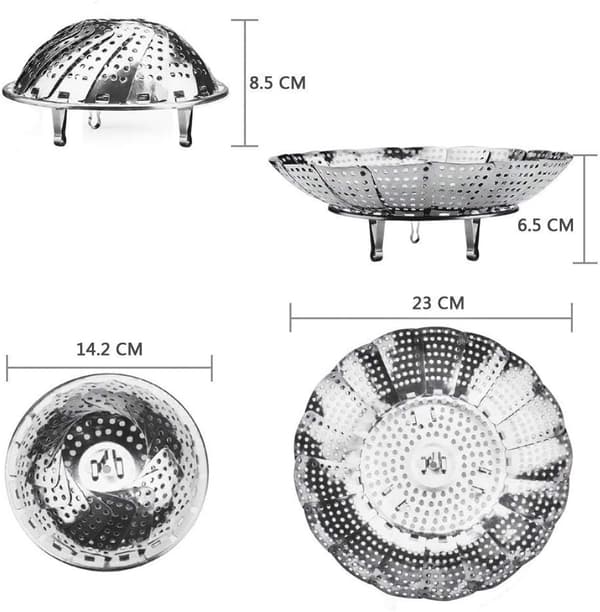 Ångkorg Rostfritt Stål Vikbar Justerbar Insats för Grönsaker Grytor och Tryckkokare 23 cm Silver