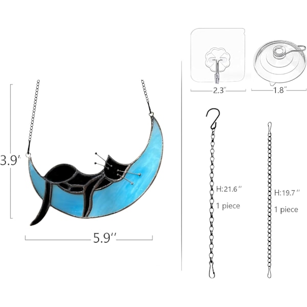 Flekket glass katt på månegaver, sovende katt solfanger dekorasjon, håndlagde svart katt glassmaleri vindusoppheng, kattegaver til katteelskere Black