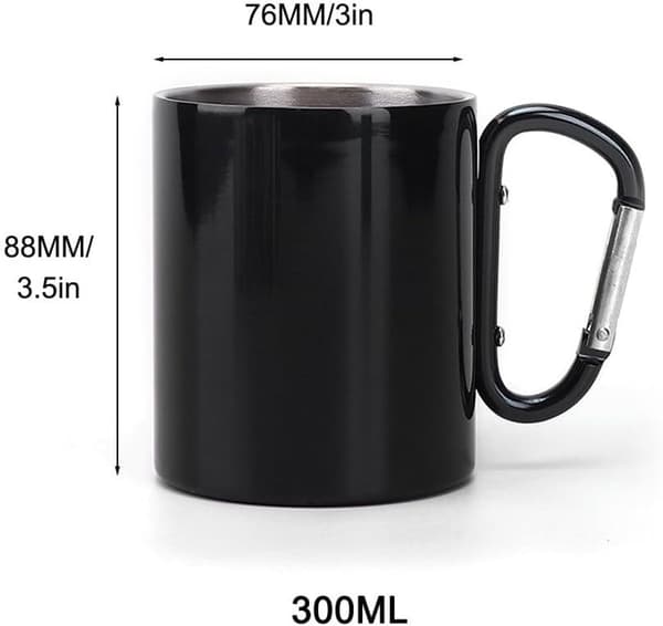 Campingmugg, 300 ml dubbelväggig rostfri kopp med karbinhake, lättvikt för camping, vandring och resor, svart