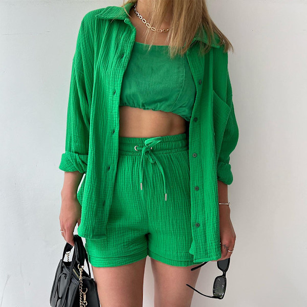 Dame 2-delt bukse sett Lin Skjorte shorts sett Grønn Green M