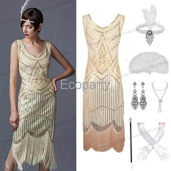 1920-talet Vintage Flapper Girls Gatsby Festklänning för kvinnor U-hals ärmlös paljett tofsar Klänningar med fläkt halsband Tillbehör beige M