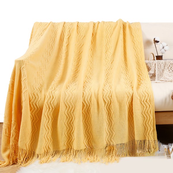 Kastfilt för soffa, texturerad stickad terrakotta rostfilt med fransar, mysig vävd lantlig filt för soffa, säng, stol, vågmönster, höstdekoration yellow