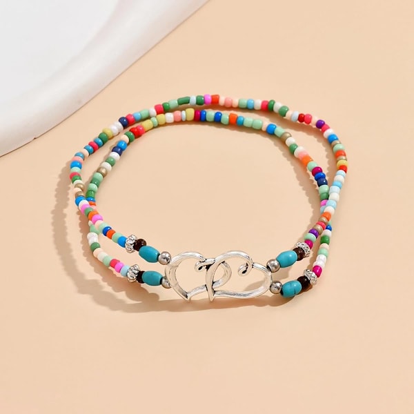 Ankelkjede for Kvinner Vanntett Ankelkjede Elastisk Hjerte Ankelkjede Stretch Ankelkjede Fargerike Perleankelkleder Boho Ankelkjede Sølv Strand An
