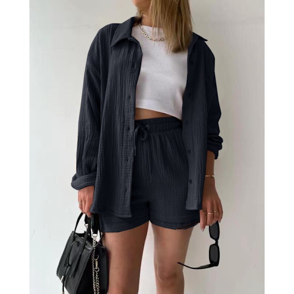 Dam 2-delat byxset Linneskjorta och shorts set svart black S