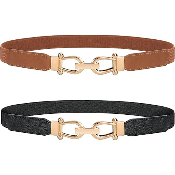 2-pack elastiska dambälten, vintage elastiska tunna bälten med guldspänne_jarx