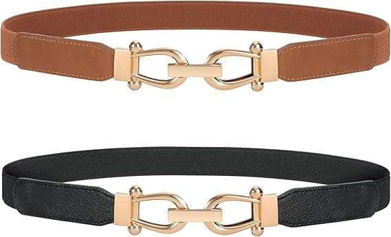 2-pakning elastiske damebelter, vintage elastiske tynne belter med gullspenne_jarx