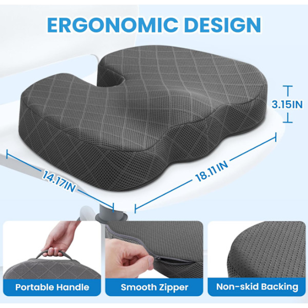 Kontorstolpute Ekstra Stor Memory Foam Sittepute, Ergonomisk Sittepute for å Lindre Isjias og Smerte Forårsaket av Langvarig Sitting black