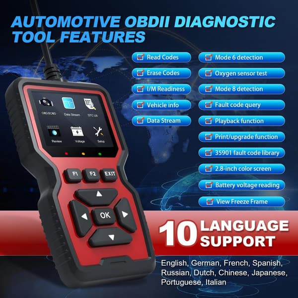 OBD2-scanner diagnostisk værktøj med 2,8 tommer farveskærm, live datastrøm, DTC-opslag, kodelæser til motorlampe, rød sort