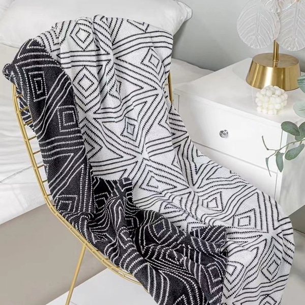Pledd, Strikket Moderne Mønstret Pledd, Mykt Lettvektig Vevd Pledd for Sofa Seng og Stue, (127x152 cm) Black and white