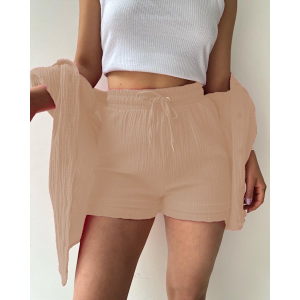 Dame 2-delt bukse sett Lin Skjorte shorts sett khaki khaki L
