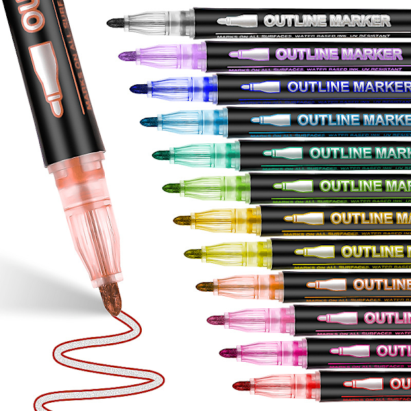 Outline Magic Pens Adventskalender Jenter 36 Farger Dobbel Linje Glitterpenner Metalliske Magic Pens for maling, gavekort, scrapbooking, håndverk