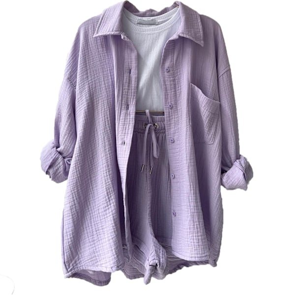 Dame 2-delt bukse sett Lin Skjorte shorts sett Lys Lilla Light Purple XL