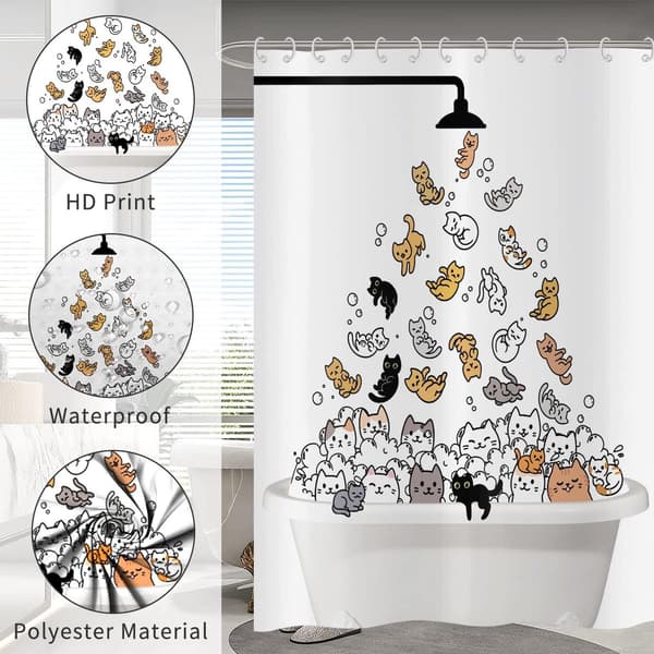 Kattebadeforhæng, farverigt tegneseriedesign, vandafvisende vaskbart polyester med kroge til børnebadeværelser, 150 x 180 cm
