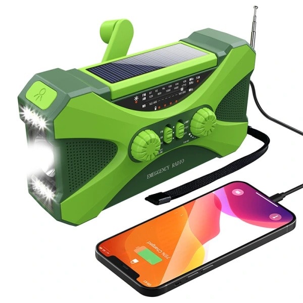 10 000 mAh solcelledrevet nødradio med håndsveiv, lommelykt, USB multifunksjonsradio, grønn