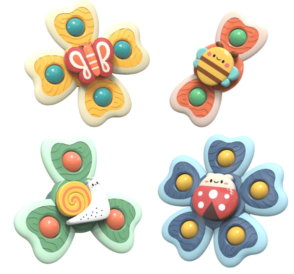 Sugkoppsspinnleksaker, söta djursensoriska fidgetleksaker för bad, resor och babylek, ABS-silikon, 4-pack
