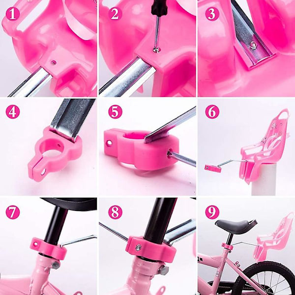 Universell dokkesykkelstol med klistremerker DIY-dekal jenter barnesykkel tilbehør, rosa