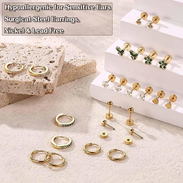 Hypoallergeniske Kirurgisk Stål Øreringe til Følsomme Ører 14K Guld Flad Bagside Øreringe til Kvinder Mænd Små Rustfri Stål Øreringe F Gold Plating-Green CZ