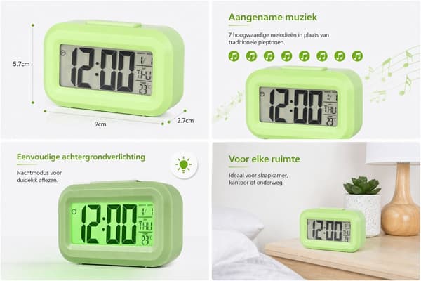 Digital väckarklocka med 7 melodier, bakgrundsbelysning och tyst drift, kompakt skrivbordsklocka för sovrum, grön, 9 x 5,7 x 2,7 cm