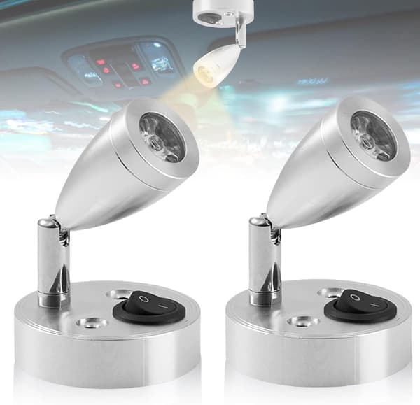 2-pack 12V LED-läslampor, 360° justerbart huvud, tryckknappsbrytare, 3W varmvit 3000K, för husbilar, husvagnar, båtar, silver