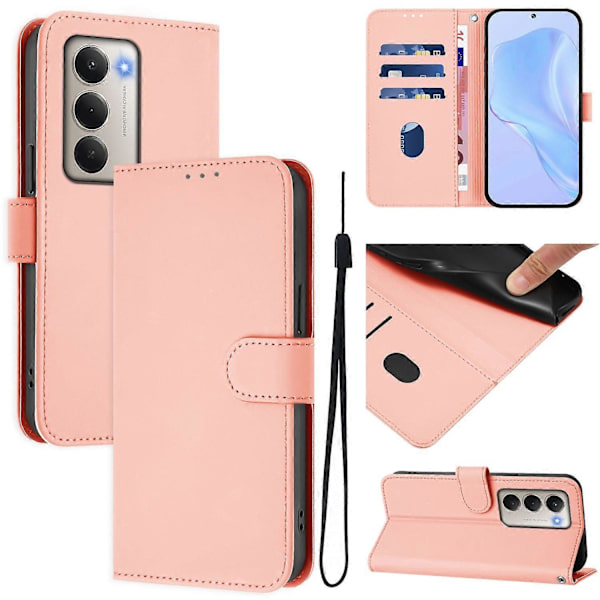Xiaomi Redmi 15 5G Case - Solid Color Leather Wallet Case with Strap, Stand Function Protective Phone Case Pink Pink Pink