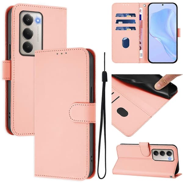 Xiaomi Redmi 15 5G Cover - Solid Color Leather Wallet Case with Strap, Stand Function Protective Phone Case Pink Pink Pink