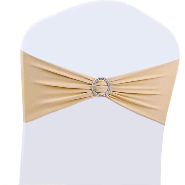10 delar (Champagne) Spandex Stretch Stolrosetter – Elastiska Stolöverdrag – med Spänne – Elastiska Stolband
