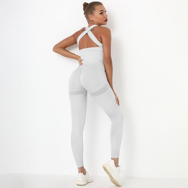 Europæisk og amerikansk sømløs Sexy Peach Hip Pocket Yoga Body Hurtigtørrende Fitness Sport Rygformning Yogatøj One-Piece 6205 jumpsuit-Blå 6205 jumpsuit-Blue L