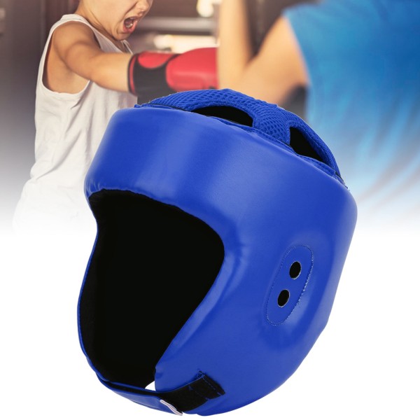 Boxningshjälm PU Läder Justerbar Huvudskydd Sanda Kickboxning Träningsförsvar Blå Liten Storlek