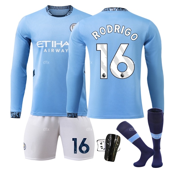 Manchester City Barn Hemmaställ 2024-2025 Höst & Vinter Nr 16 strumpor + Vakt 28 RODRIGO No 17 socks + Guard 28