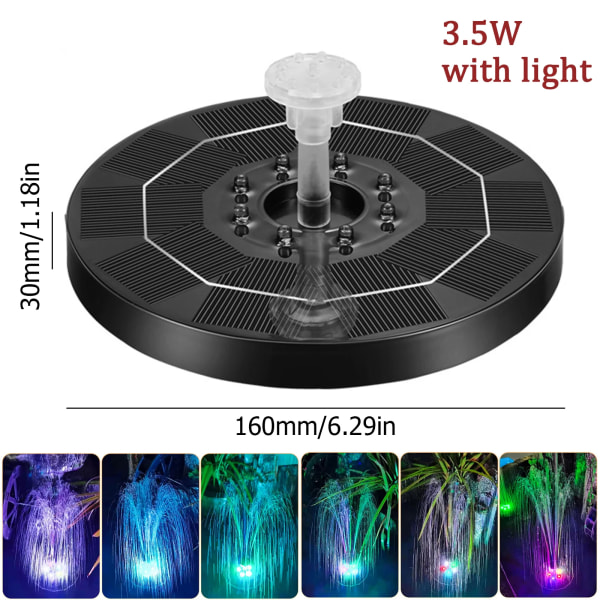 Solcellsfontänpump 3,5W LED-lampor Solpanel Drivna Fontän Färgglad Trädgårdsdamm Dekorationspump Vattenfall Simbassänger Round
