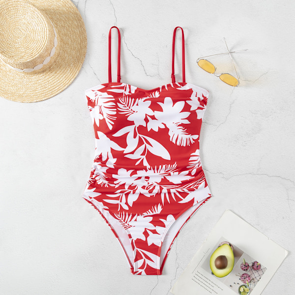 2024 Ny Ankomst Modeeksport Én-delt Badedragt Dame Spaghettistropper Slank Smuk Rygtryk Alt-i-Én Badedragt Amazon Rød baggrund med hvide blomster Red background with white flowers XL