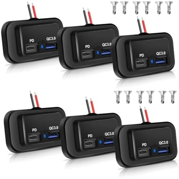 6 x 12 V/24 V bobil USB-uttak, dobbel PD3.0 type C (USB C) og hurtiglading QC3.0 USB-A-port, panelholder, auto-USB-BUSSEL-LADEGER? T