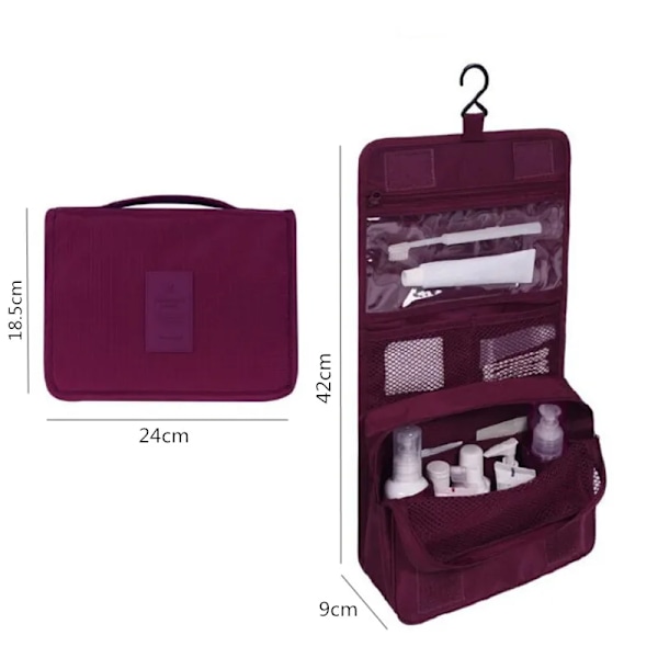 Reisekosmetikkveske for menn og kvinner, nylon, vanntett sminkeveske med høy kapasitet, toalettartikler oppbevaringsveske, dame Neceser baderomspose Pink cherry