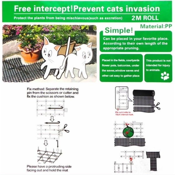 Anti-katt trädgårdsmatta med spikar 200*30cm, svart