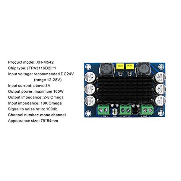 2 st XH-M542 100W Ljudförstärkarkort DC 12V 26V TPA3116D2 Mono Kanal Digital Hög Amp-modul