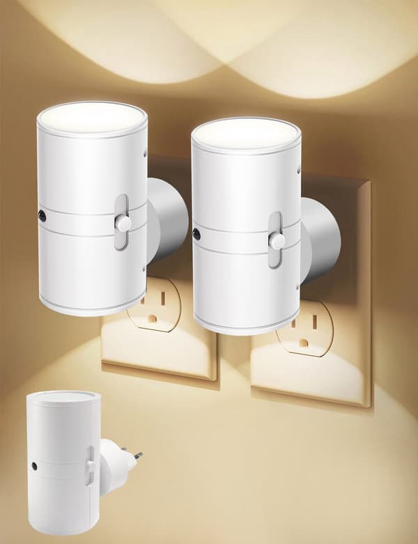 Plug-in nattlys, dimbar LED med skumring-til-daggry-sensor, 3000K varmhvit, for soverom, bad, barnerom, hvit 2-pakning