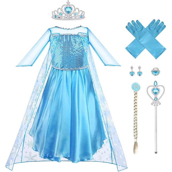 Prinsessa Elsan mekko - Asusteet tiaroilla ja taikasauvalla cosplaylle, jouluun, halloweeniin tai syntymäpäiville Blue-9 pcs 6-7 years